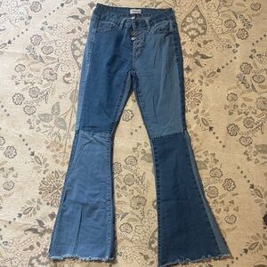 BAMBOO Two-Tone Patchwork Flare Jeans in Mixed Blue